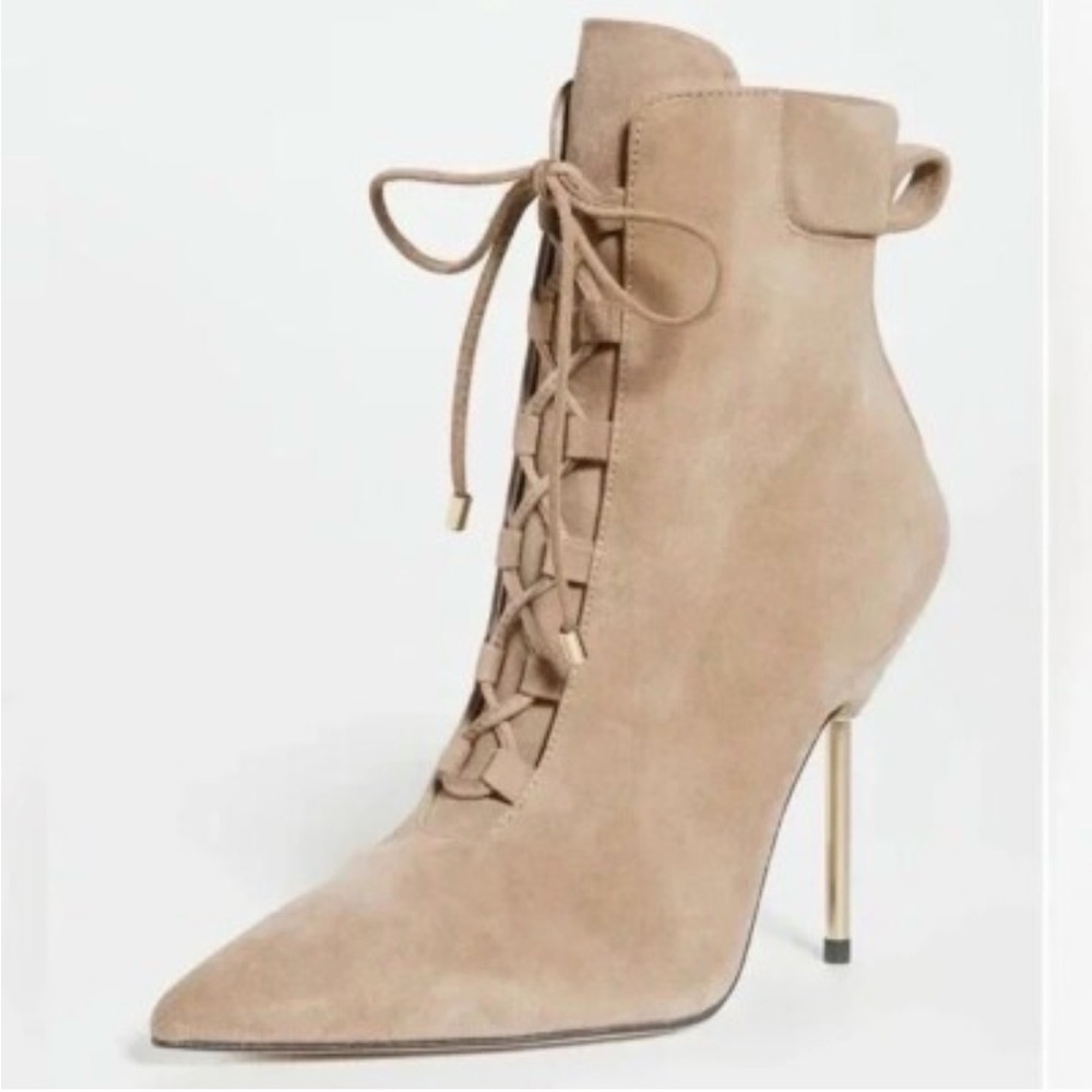 Good American Suede Lace-Up Stiletto Ankle Boots color Stone - Picture 2 of 16